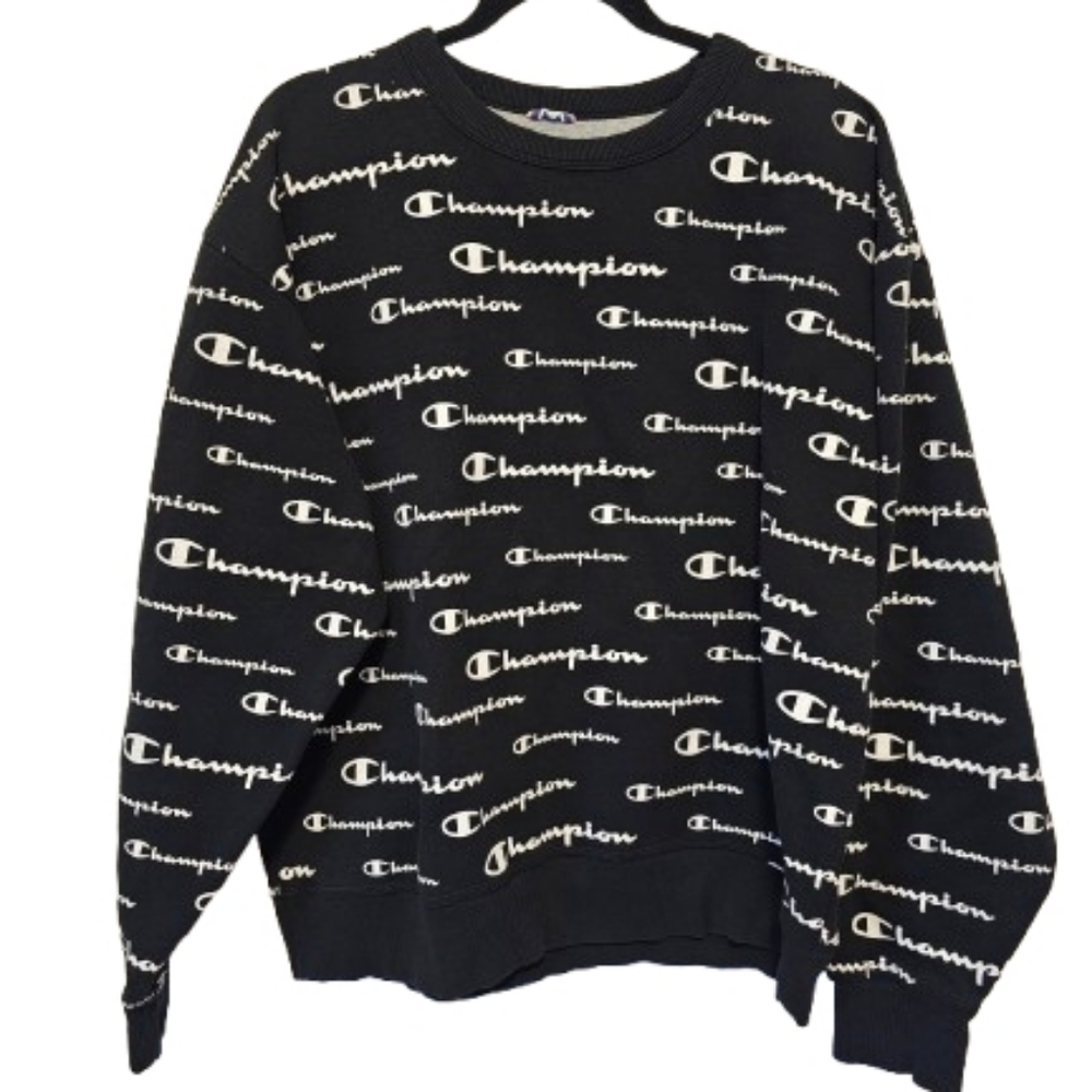 Champion Black and White Logo Graphic Crew Neck Sweat Shirt Men's Size Large